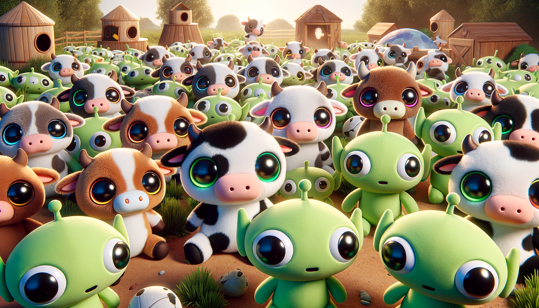 A colorful board game of cows and aliens on a farm setting.