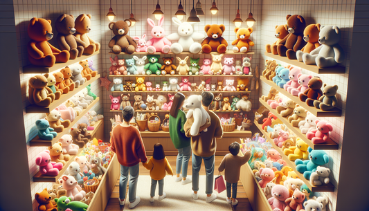 A variety of colorful stuffed animal plush toys displayed in a toy store.